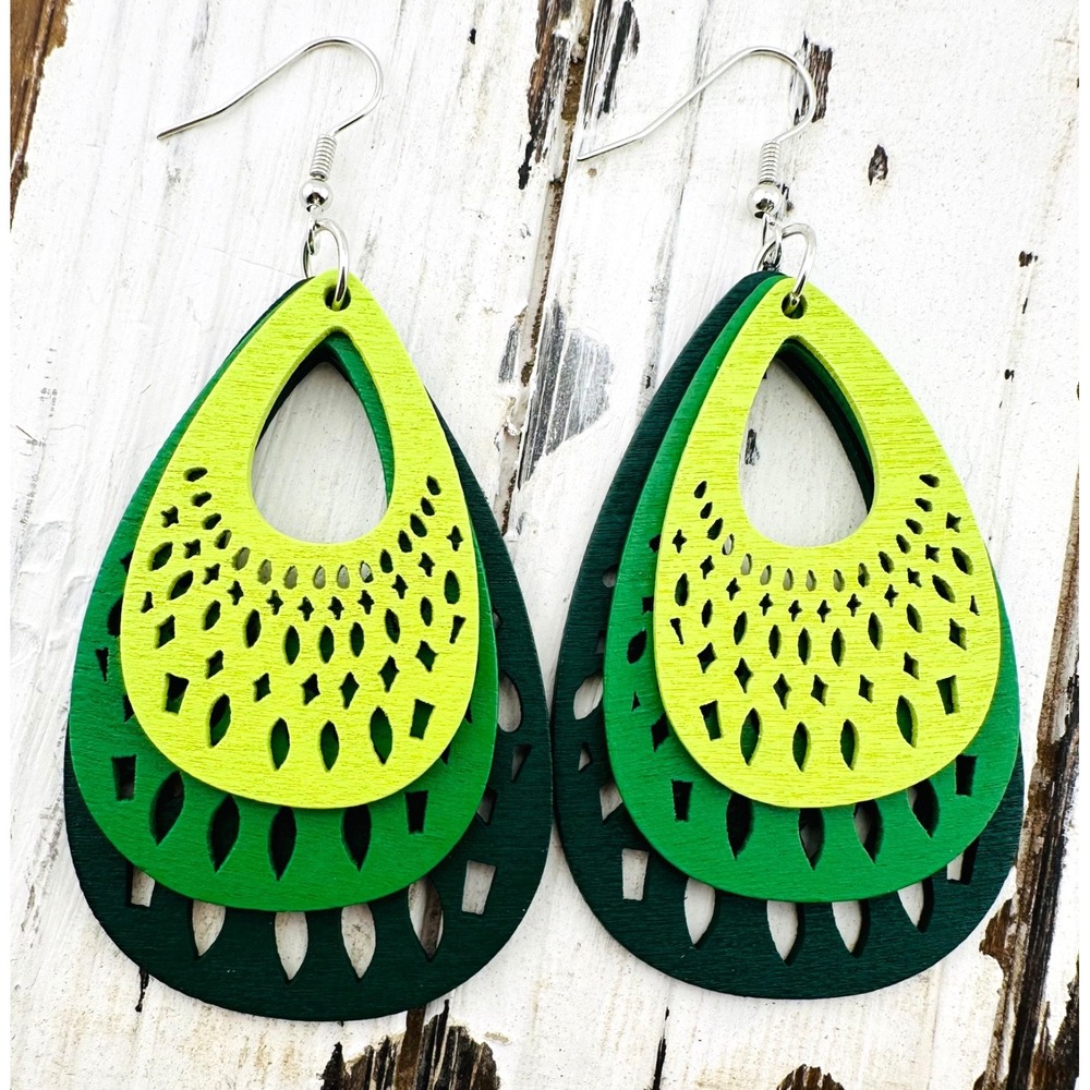 Layered Teardrop Earrings Shades of Green Laser Cut Wood NEW